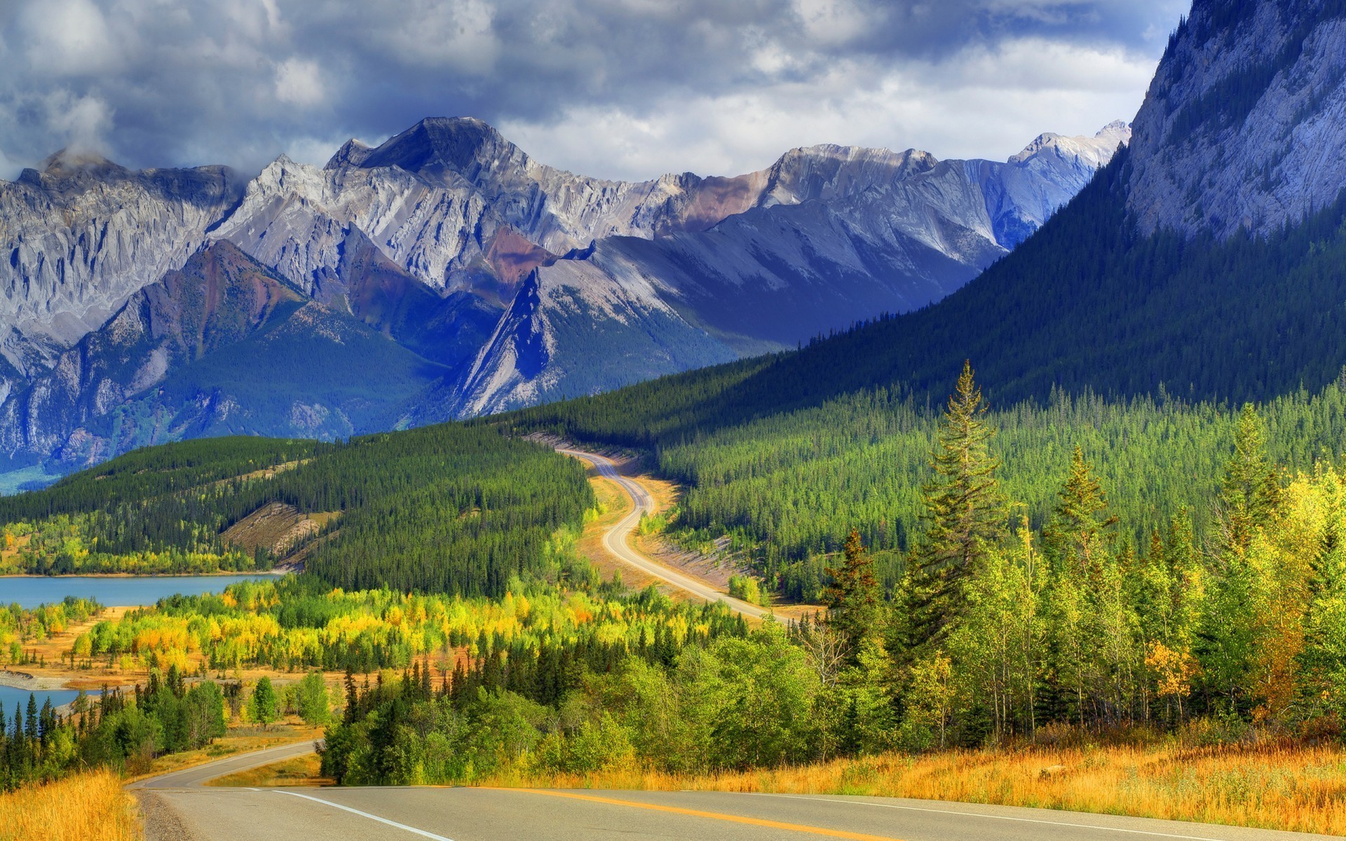 nature landscape mountain trees forest lake clouds road canada ...