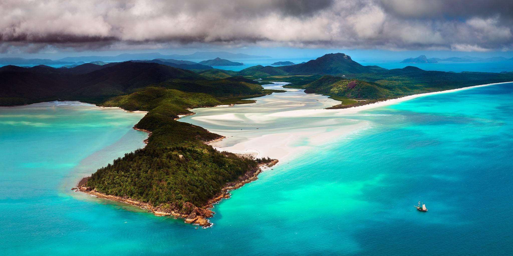 beach island australia sea sailboats sand clouds forest mountain turquoise water nature landscape aerial view wallpaper