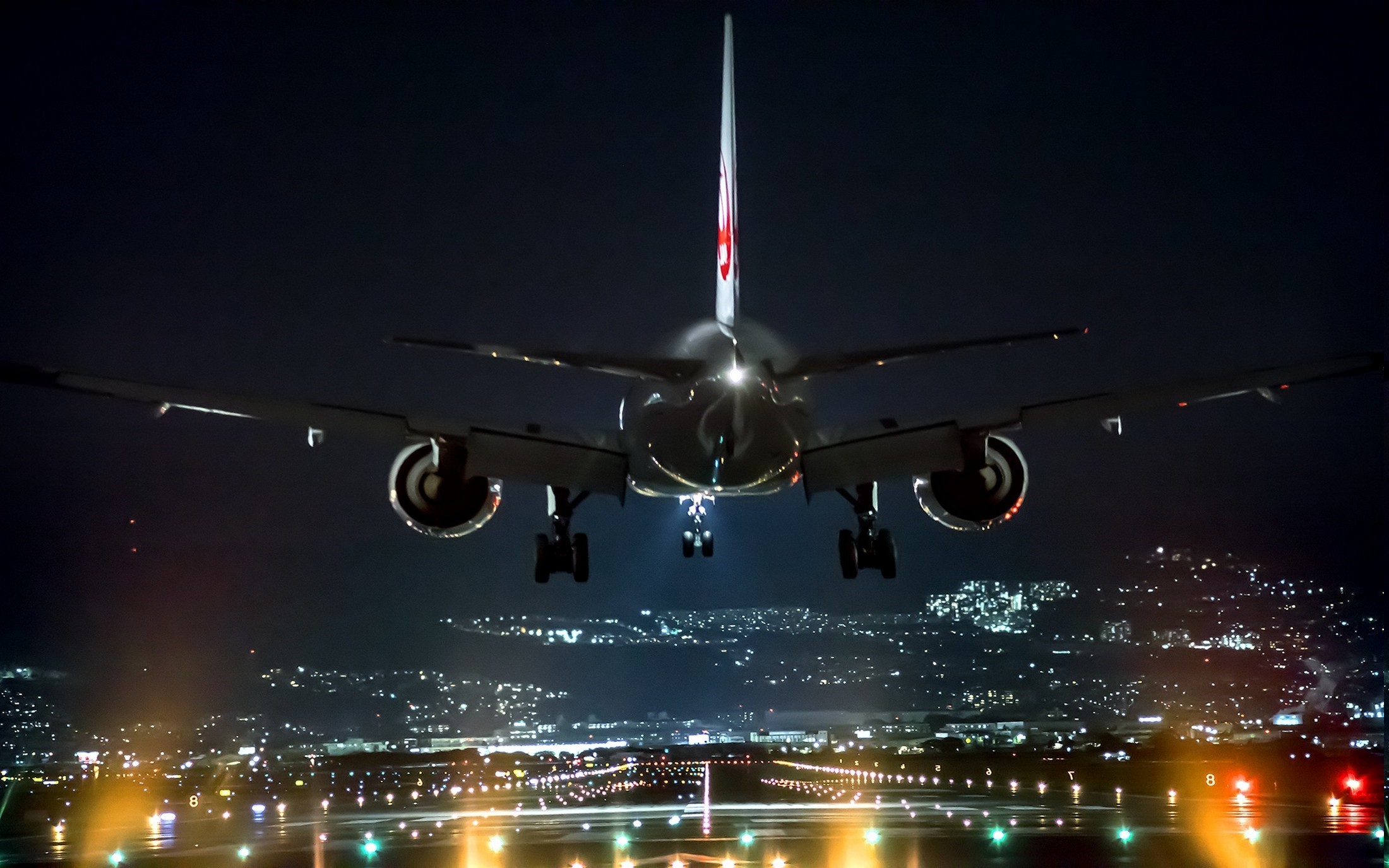 landscape night airport airplane lights landing technology osaka japan cityscape wallpaper