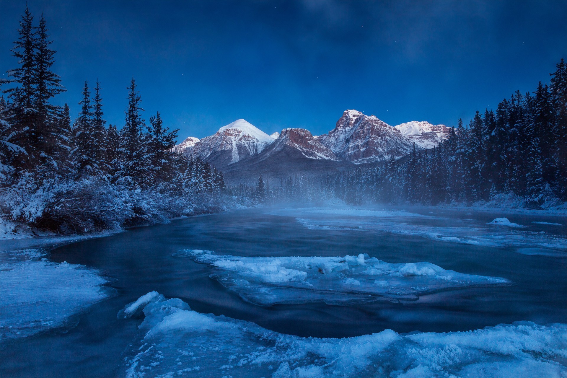 nature landscape mountain trees forest clouds snow alberta canada winter night lake ice mist wallpaper