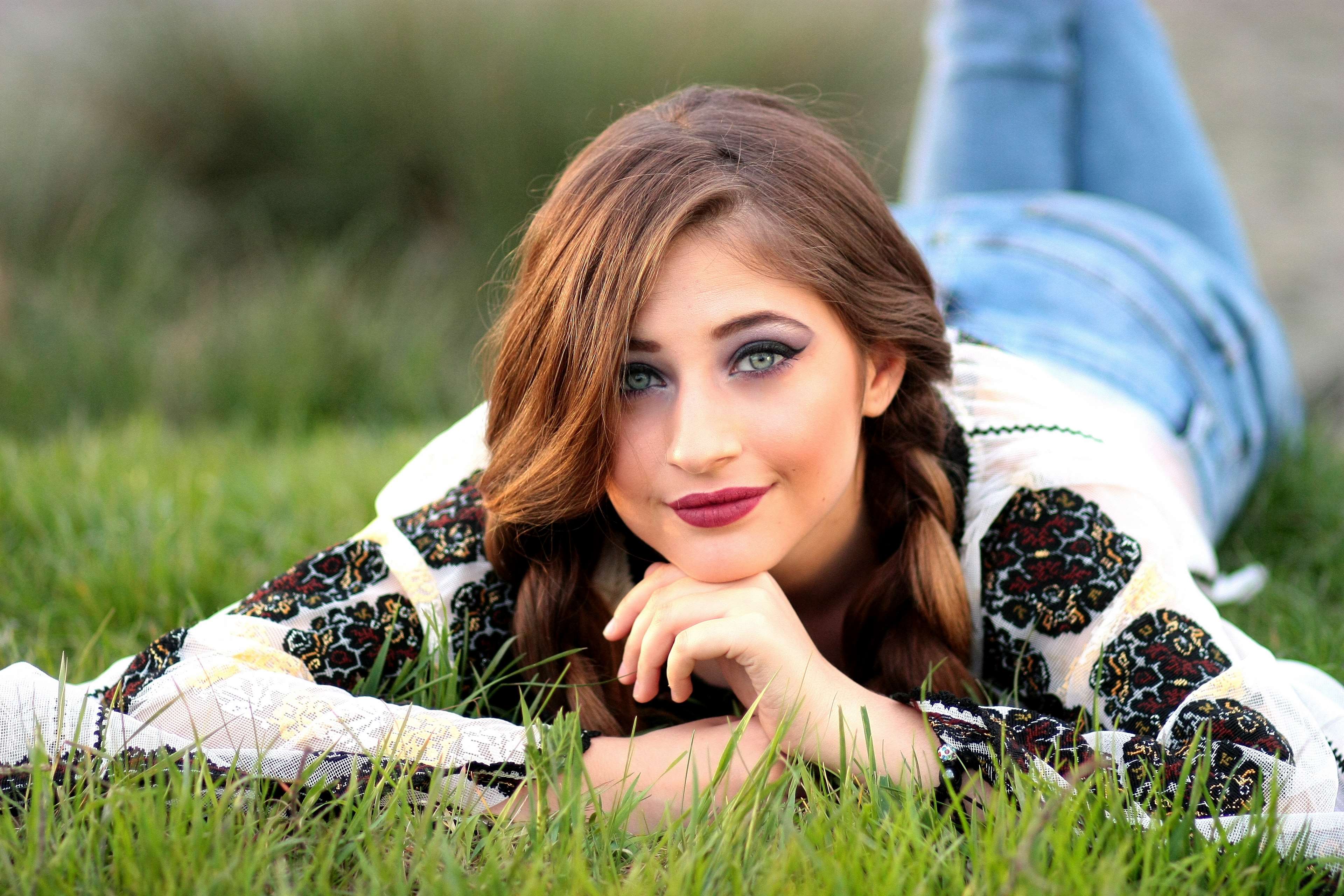 beautiful, beauty, braided hair, brunette, close up, fashion, female, girl, grass, hair, lady, make up, model, person, photoshoot, woman 4k wallpaper