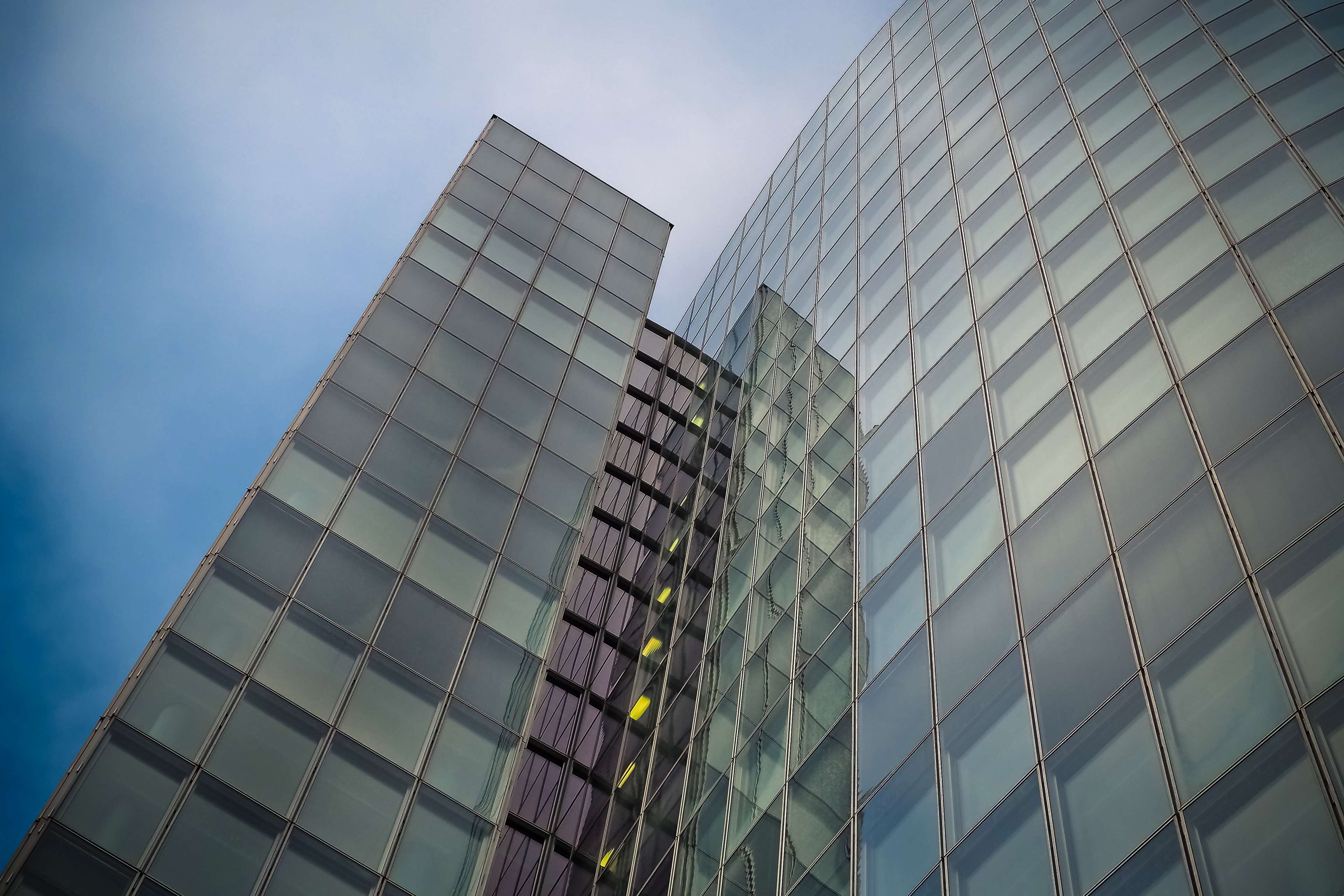 architecture, blue, building, city, clouds, downtown, dsseldorf, facade, glass, glass facades, glass front, glass window, high, housewife, illuminated, light, low angle shot, modern, modern architecture, modern bui 4k wallpaper