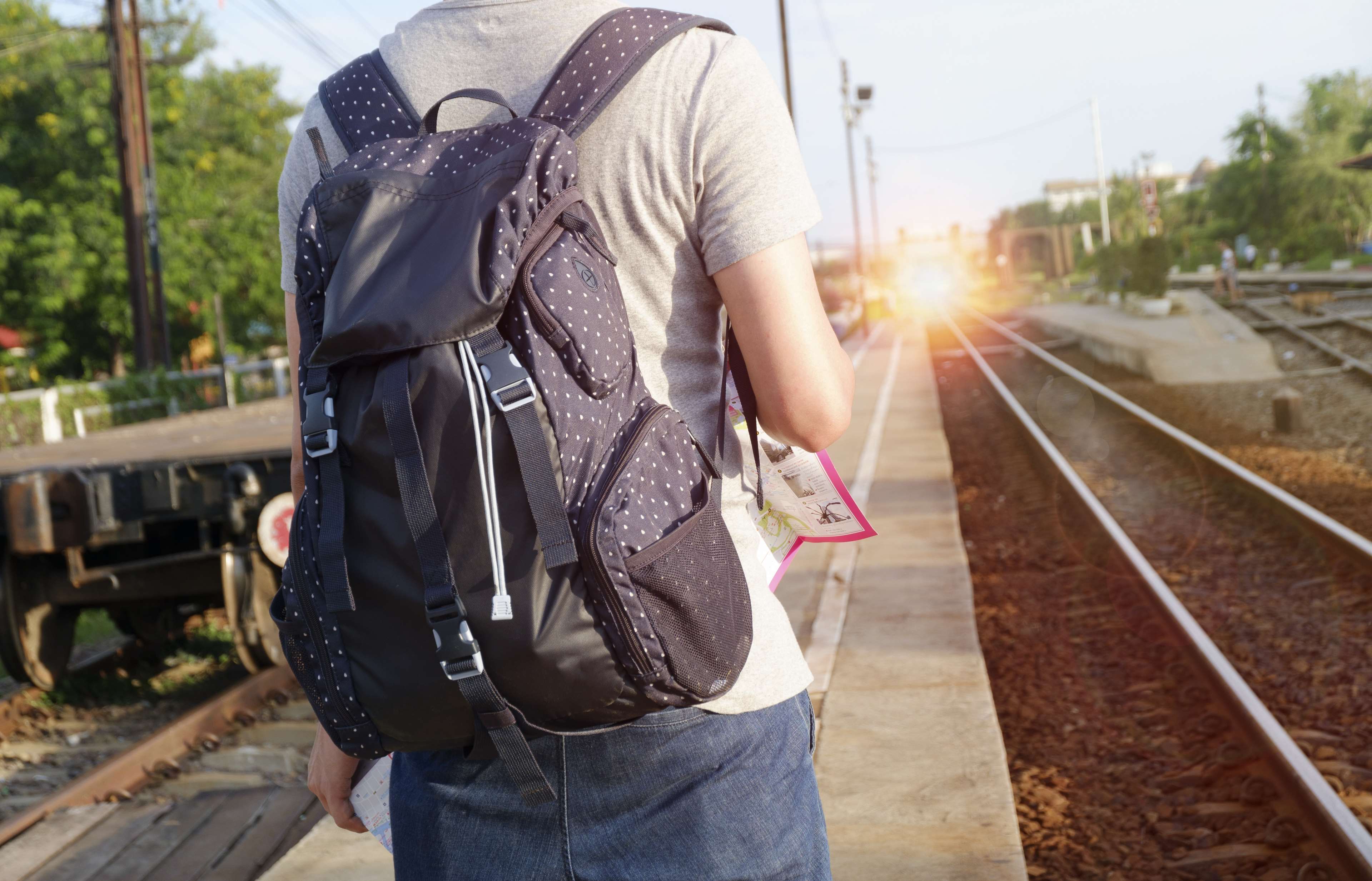 alone, backpack, bag, commuter, day, light, locomotive, man, outdoors, person, platform, rail, railroad, railway, railway track, station, track, train, train station, transportation system, traveller, travelling, wait 4k wallpaper