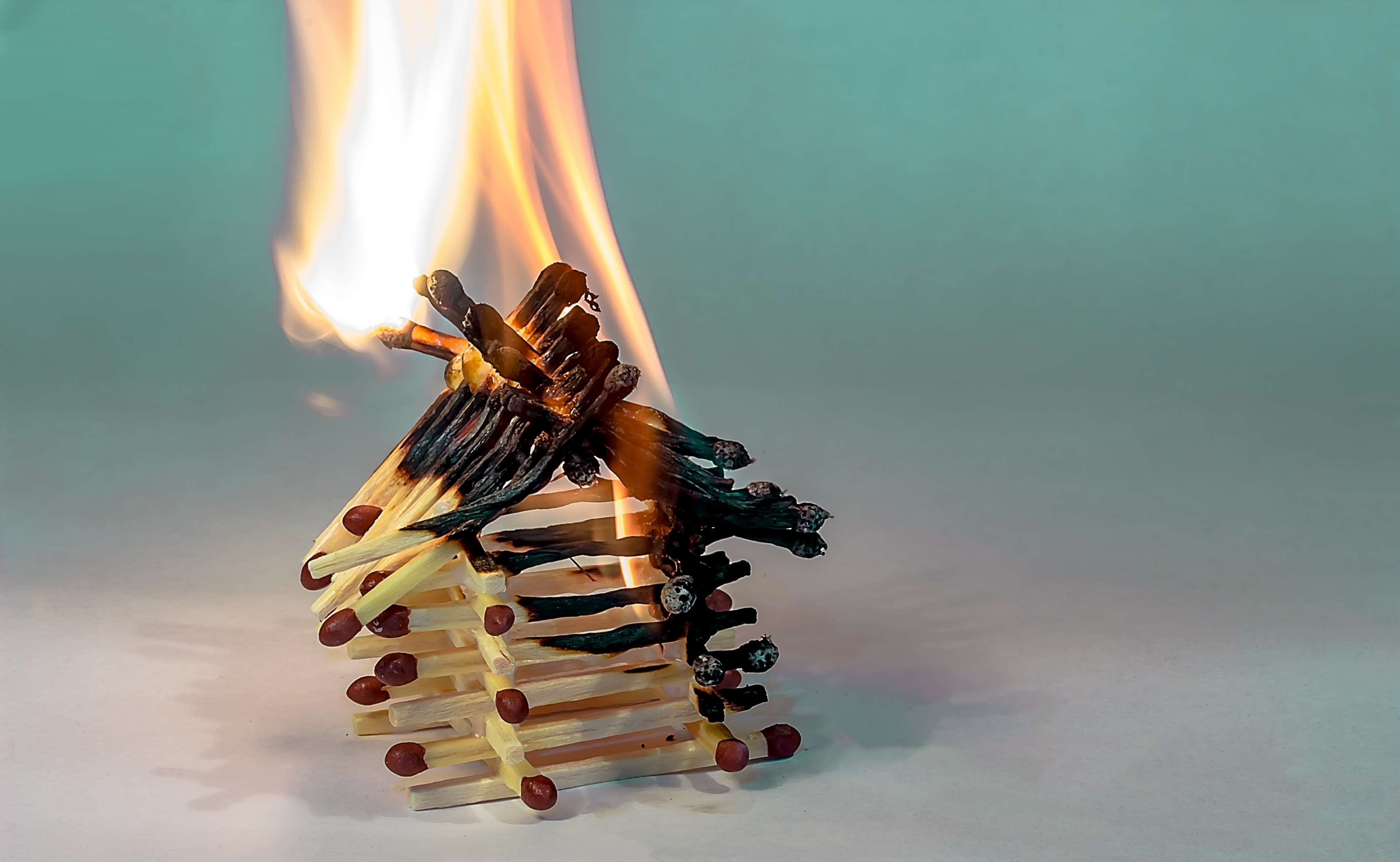 brand, burn, burning down, burning matchstick house, chain reaction, charred matchsticks, collapse, embers, fall together, fire, flame, heat, hot, house of matchsticks, matches, matchstick house, overarching fla 4k wallpaper