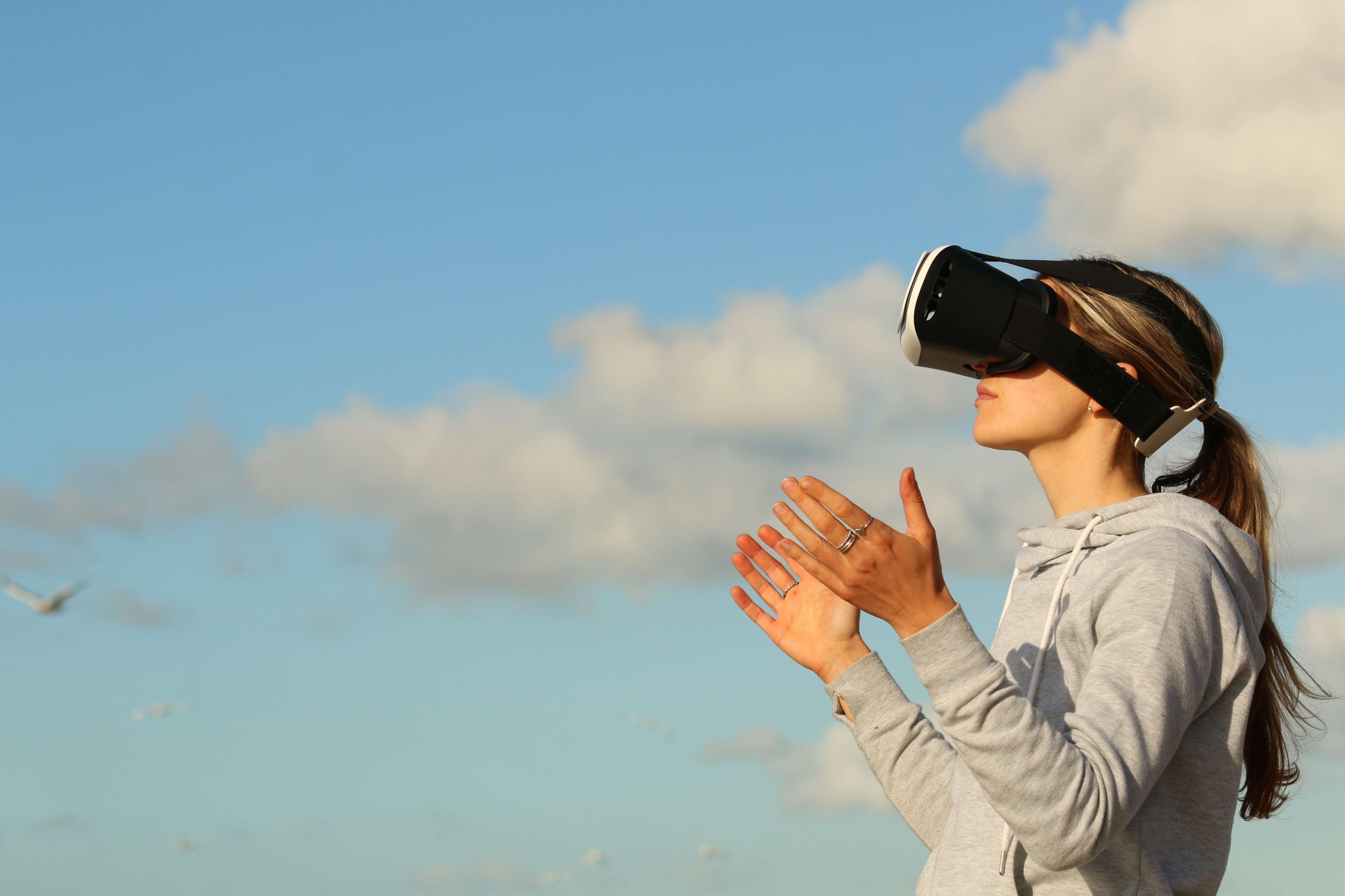 clouds, female, game, girl, model, outdoors, person, side view, sky, virtual reality, vr, woman, royalty free images 4k wallpaper