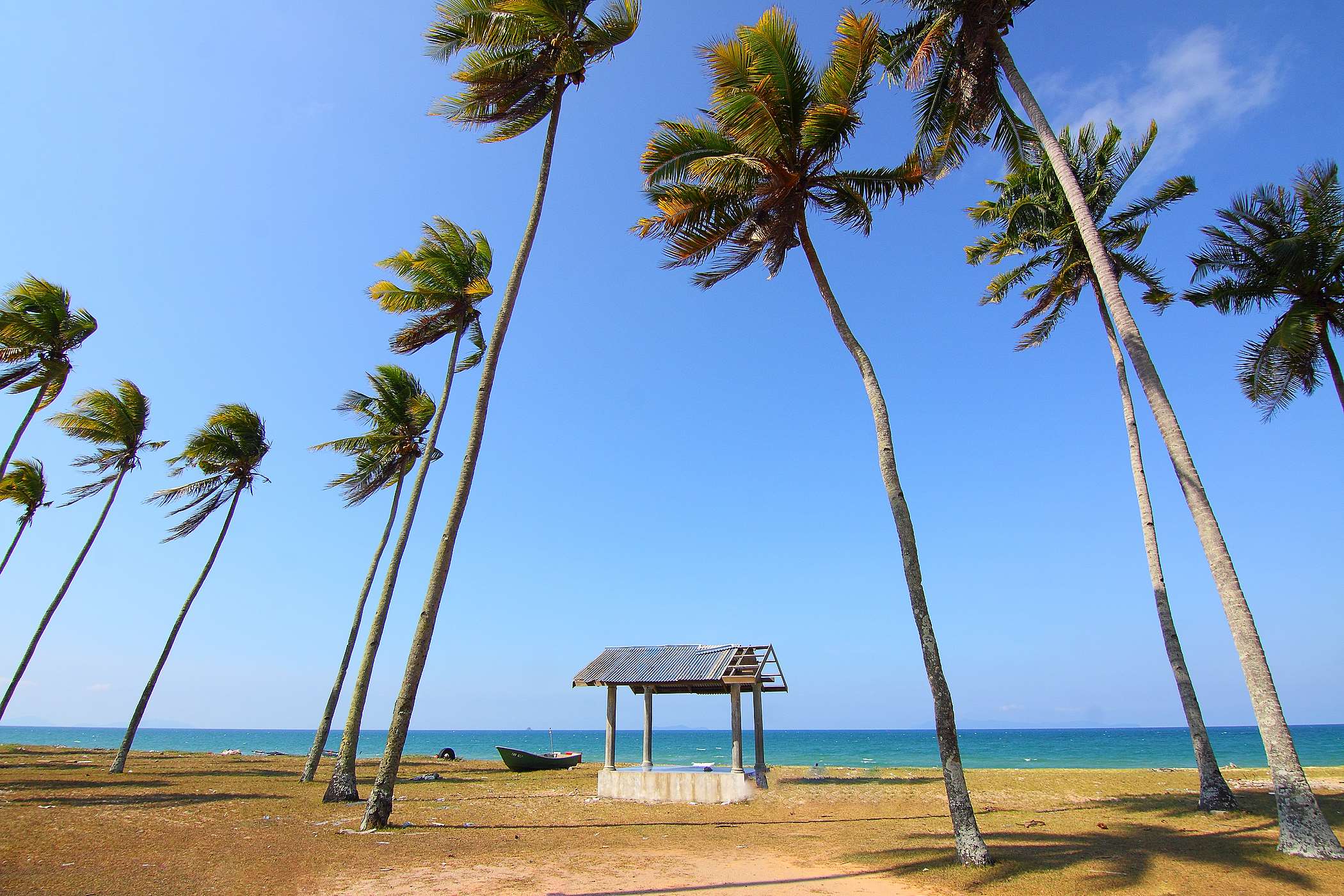 beach, boat, clouds, daylight, grass, landscape, nature, ocean, outdoors, palm, palm trees, resort, sand, sea, seascape, seashore, sky, trees, tropical, water wallpaper
