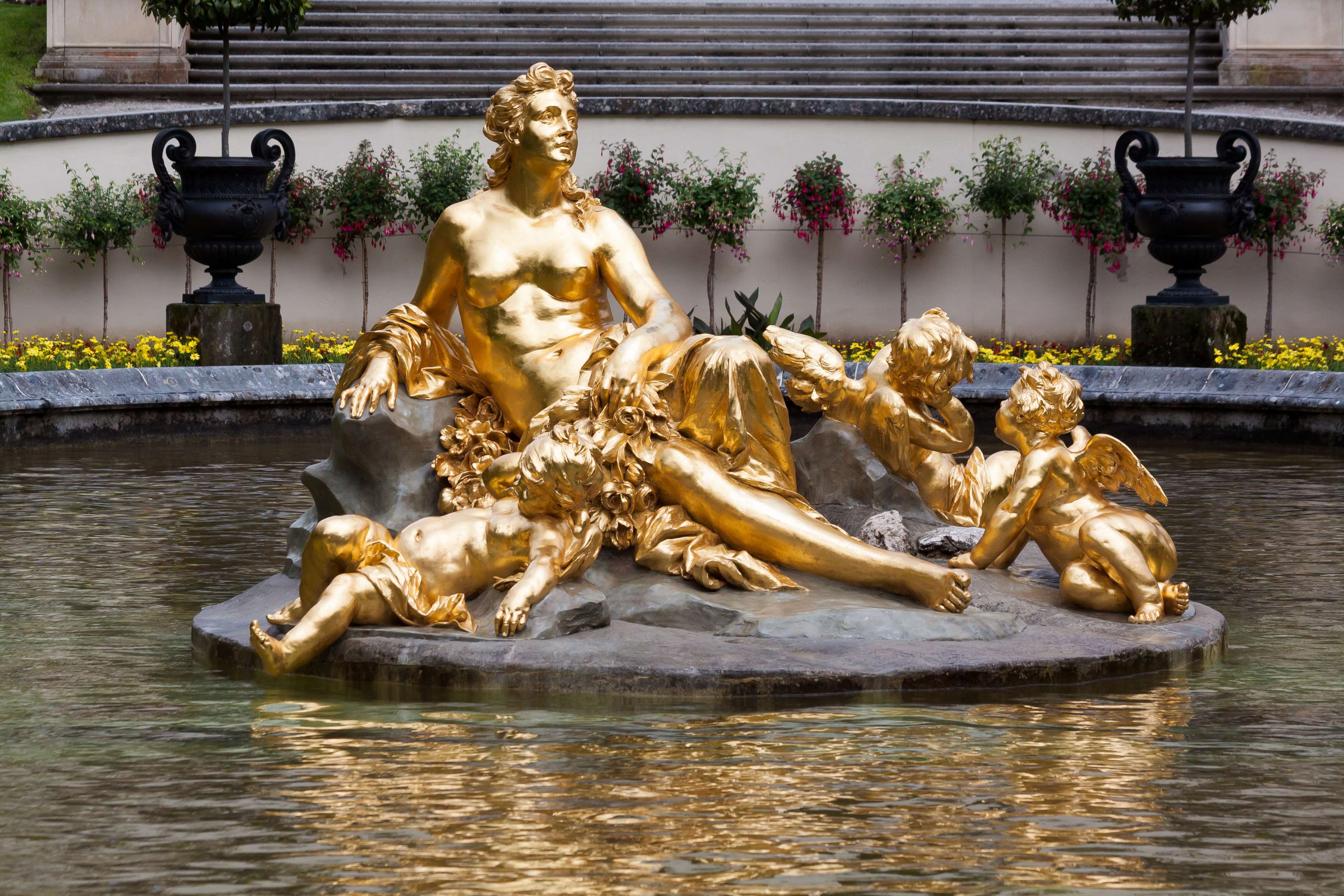 angel, bavaria, fertility goddess, fig, fountain, gilded, gold, golden, king ludwig, linderhof palace, mirroring, naiad, nymph, park, royalty free, sculpture, water, woman 4k wallpaper