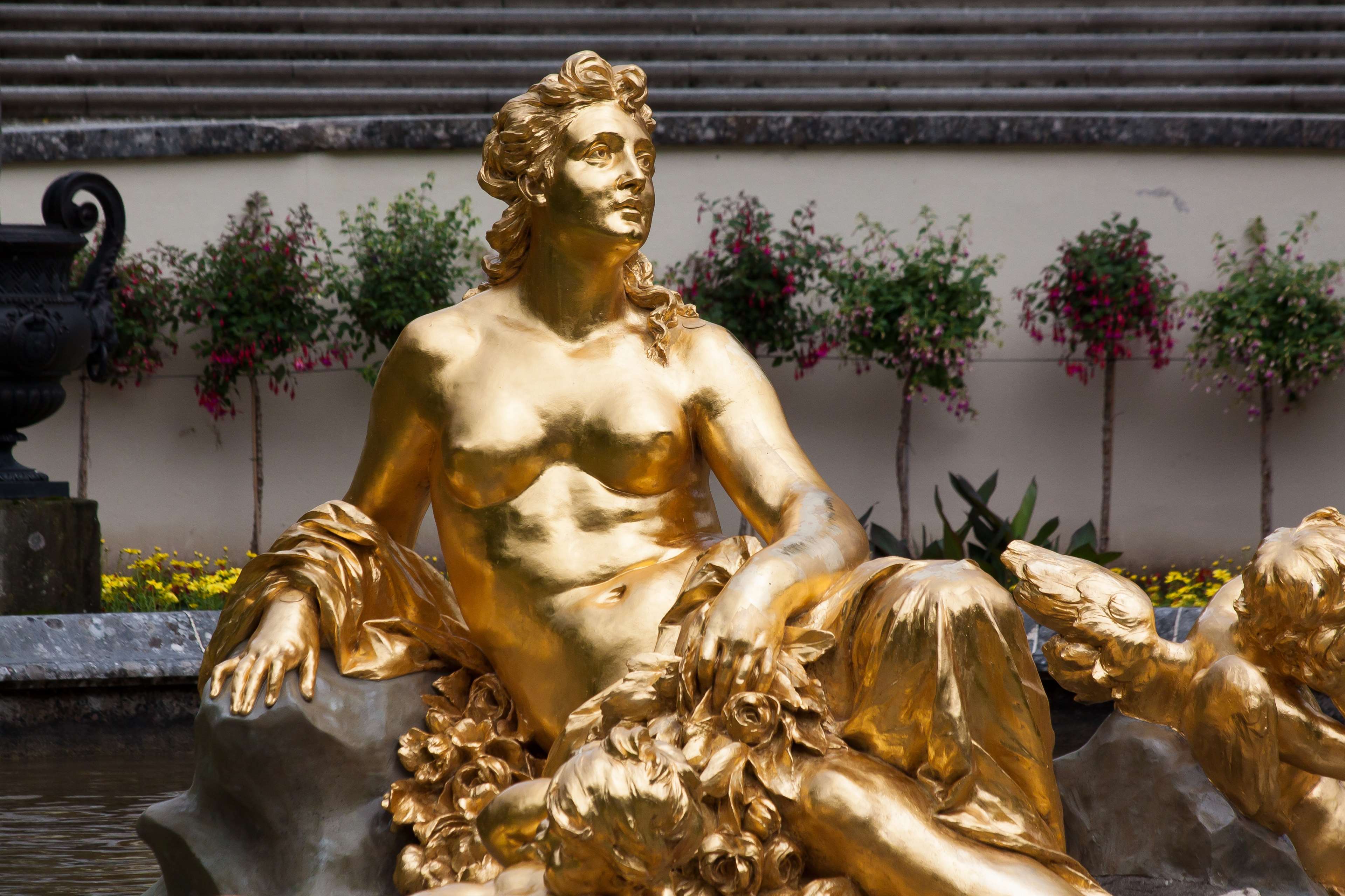 angel, bavaria, fertility goddess, fig, gilded, gold, golden, king ludwig, linderhof palace, naiad, nymph, royalty free, sculpture, woman 4k wallpaper