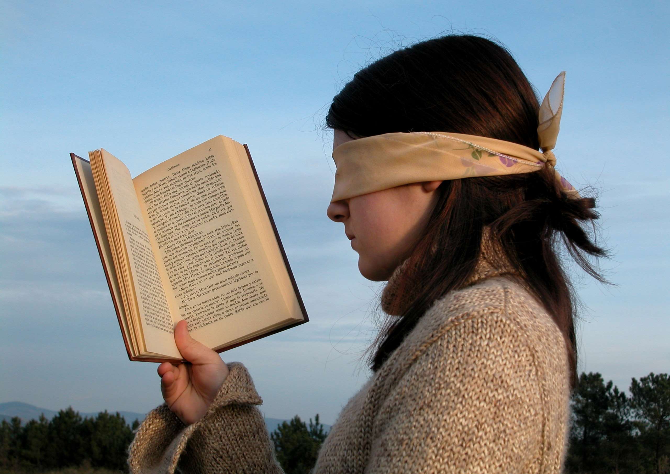 blindfold, book, book pages, female, girl, hair, hand, handkerchief, knitwear, lady, model, outdoors, person, photoshoot, read, reader, reading, side view, sky, trees, wear, woman, royalty free images wallpaper