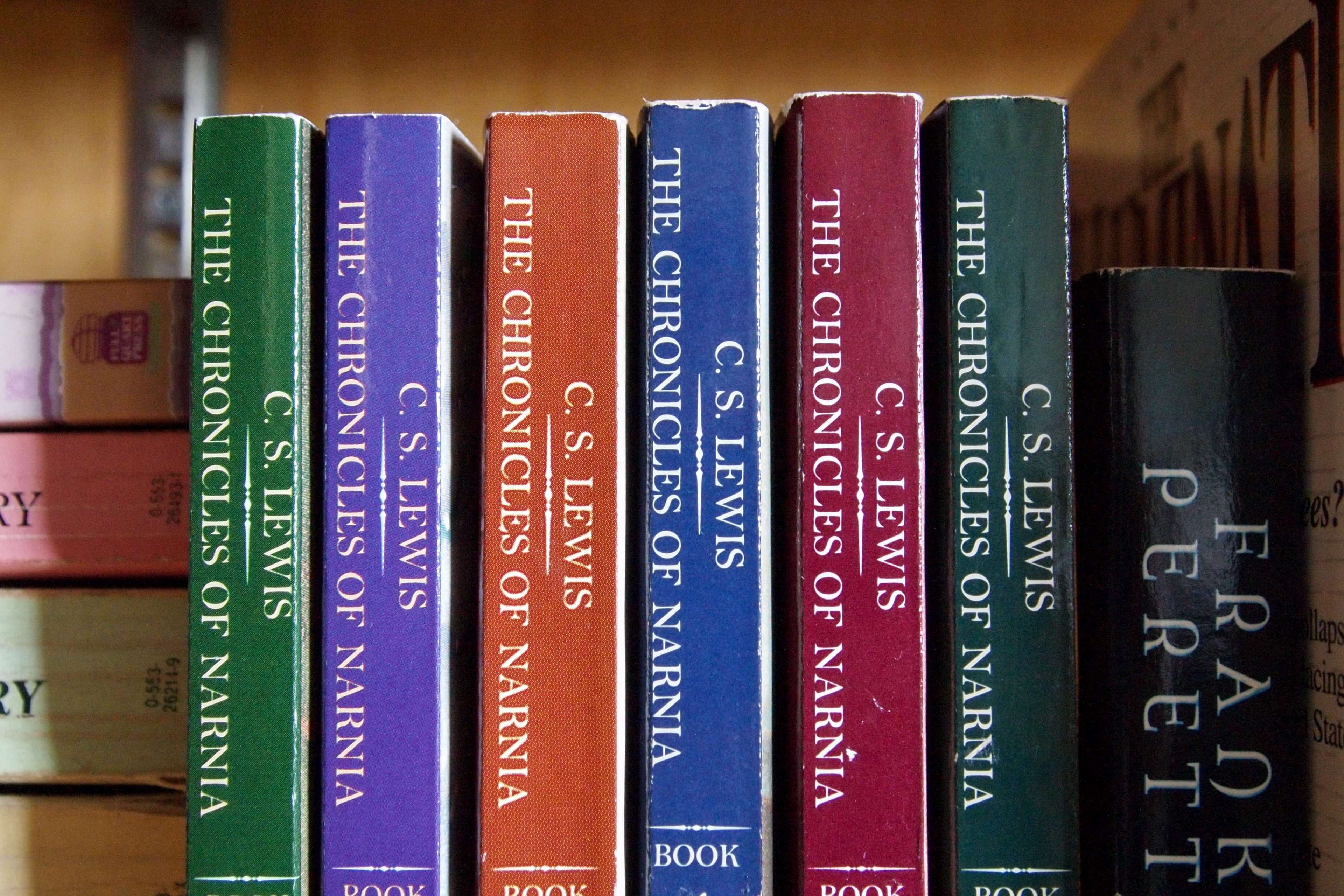 author, books, bookshelf, bookstore, c s lewis, collection, colorful, colourful, education, fantasy, fiction, hardcover, knowledge, learn, library, literature, narnia, novel, published, read, reading, research, series 4k wallpaper