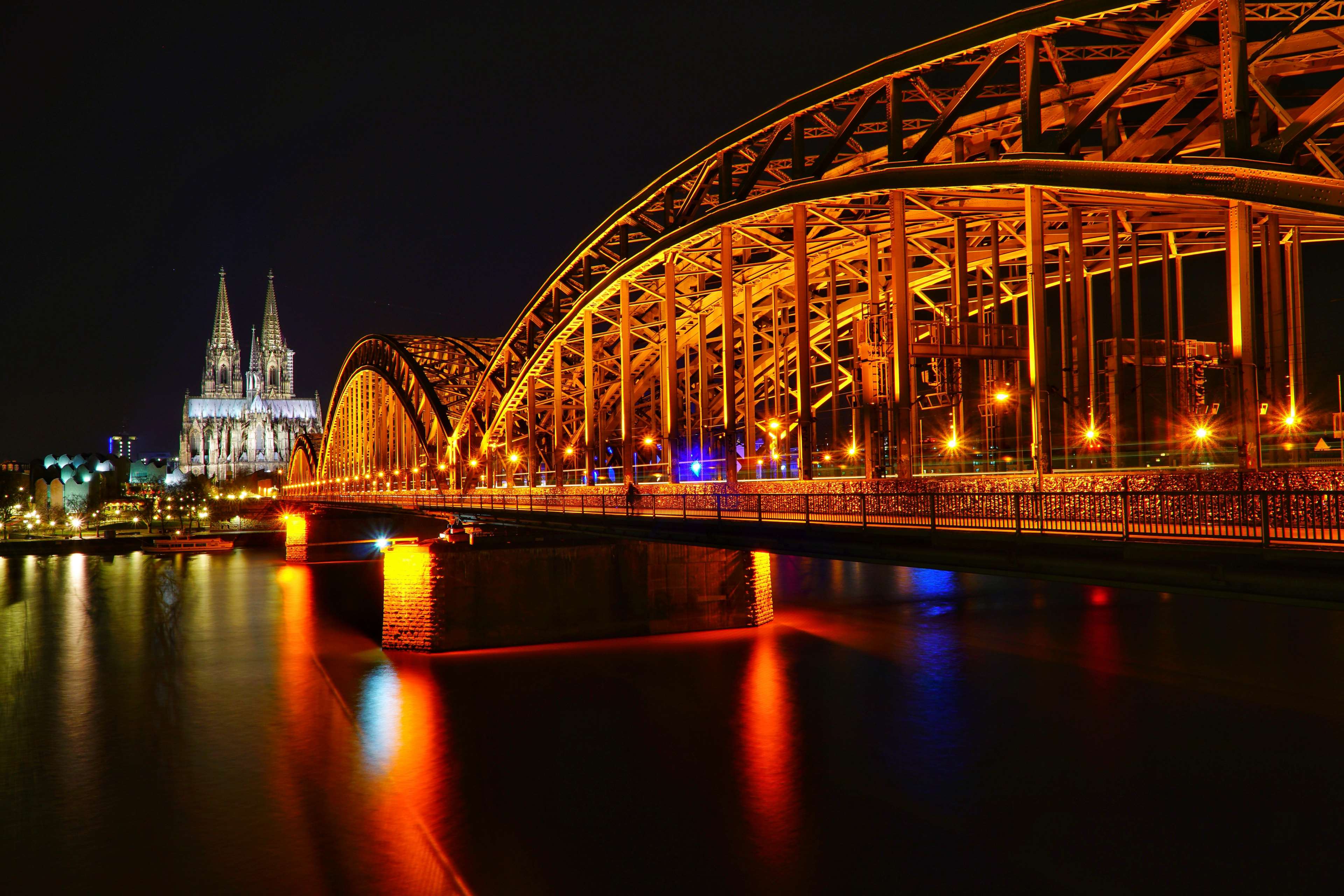 architecture, bridge, buildings, calm waters, city lights, cityscape, dark, evening, german, harbor, highway, illuminated, landmark, lights, night, outdoors, reflection, river, tourism, travel, urban, water, waterfron 4k wallpaper