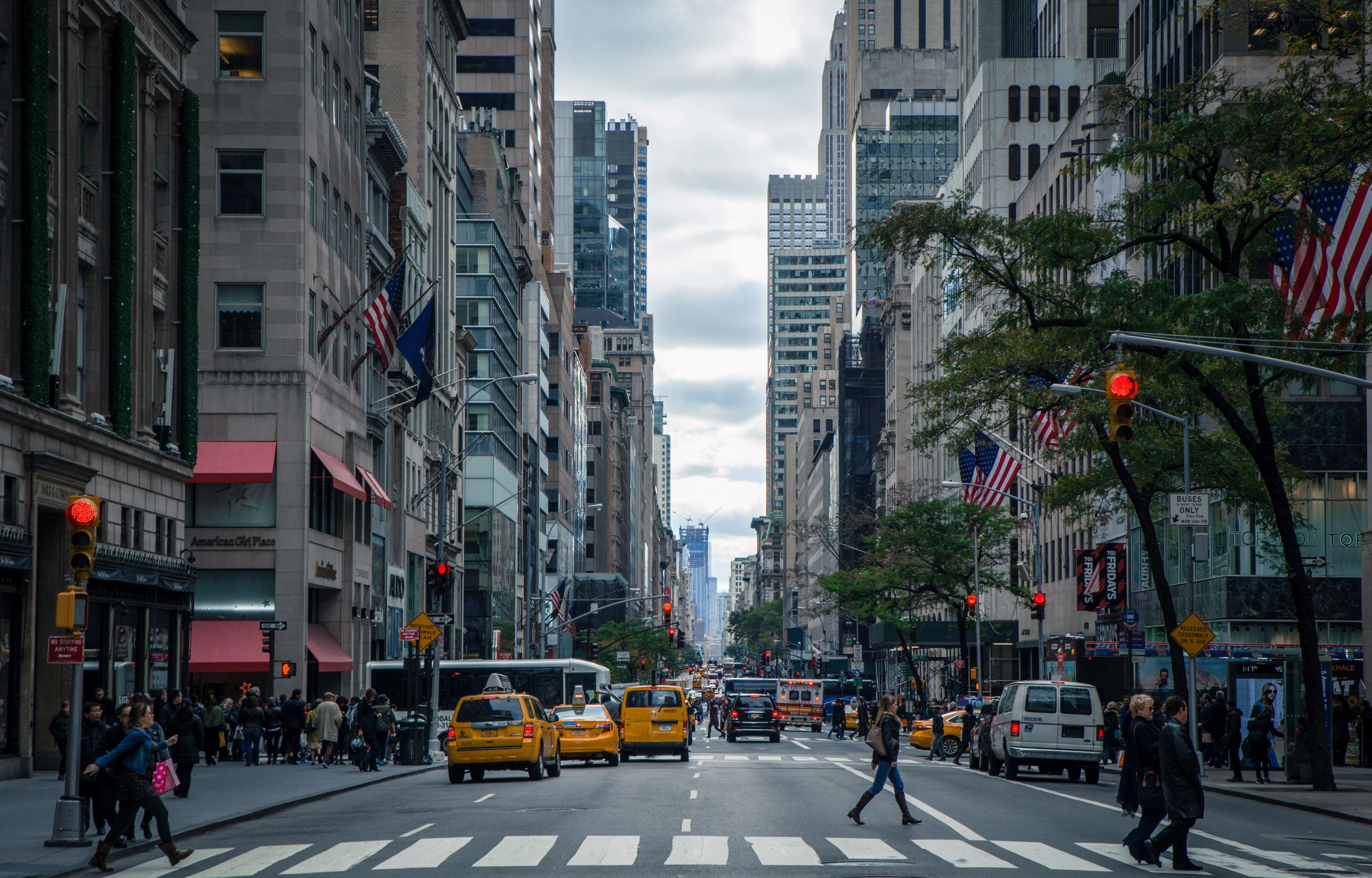 action, america, architecture, avenue, big apple, buildings, bus, business, cab, cars, city, crossing, downtown, flag, flags, intersection, modern, new york, ny, pedestrian, people, road, shopping, skyscraper, street, ta 4k wallpaper