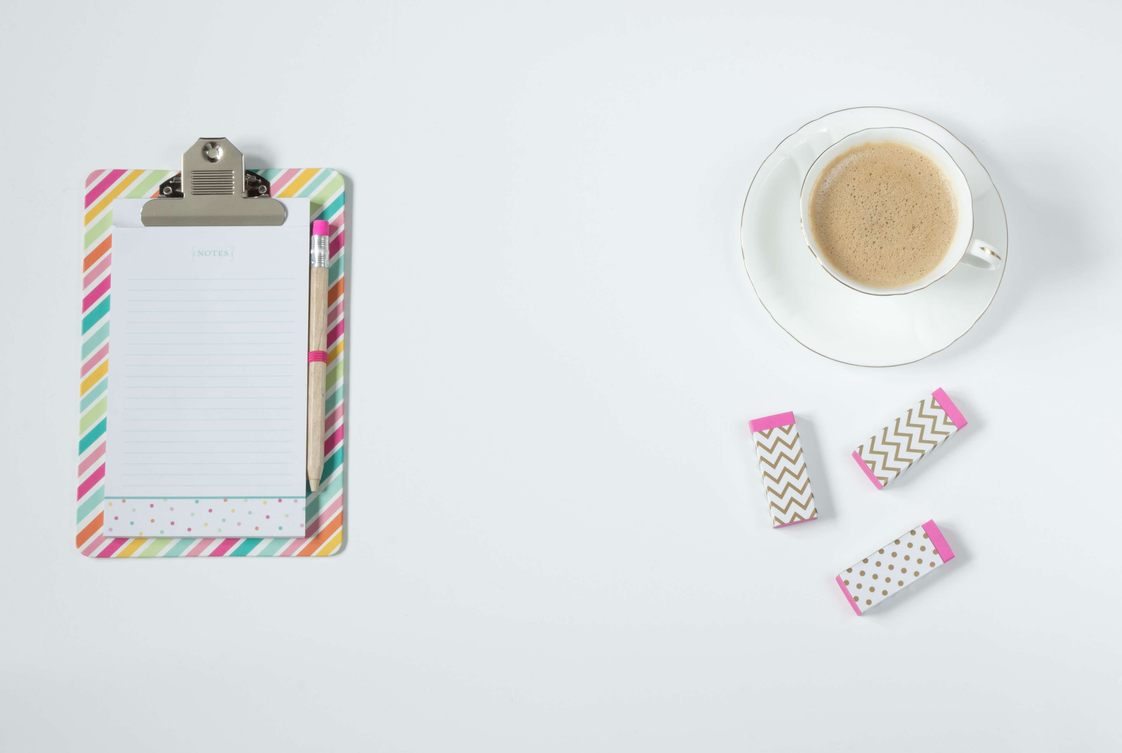 blank, coffee, colorful, colourful, cup, design, document, drink, erasers, note, notebook, office, pad, paper, pastel, pink, work desk 4k wallpaper
