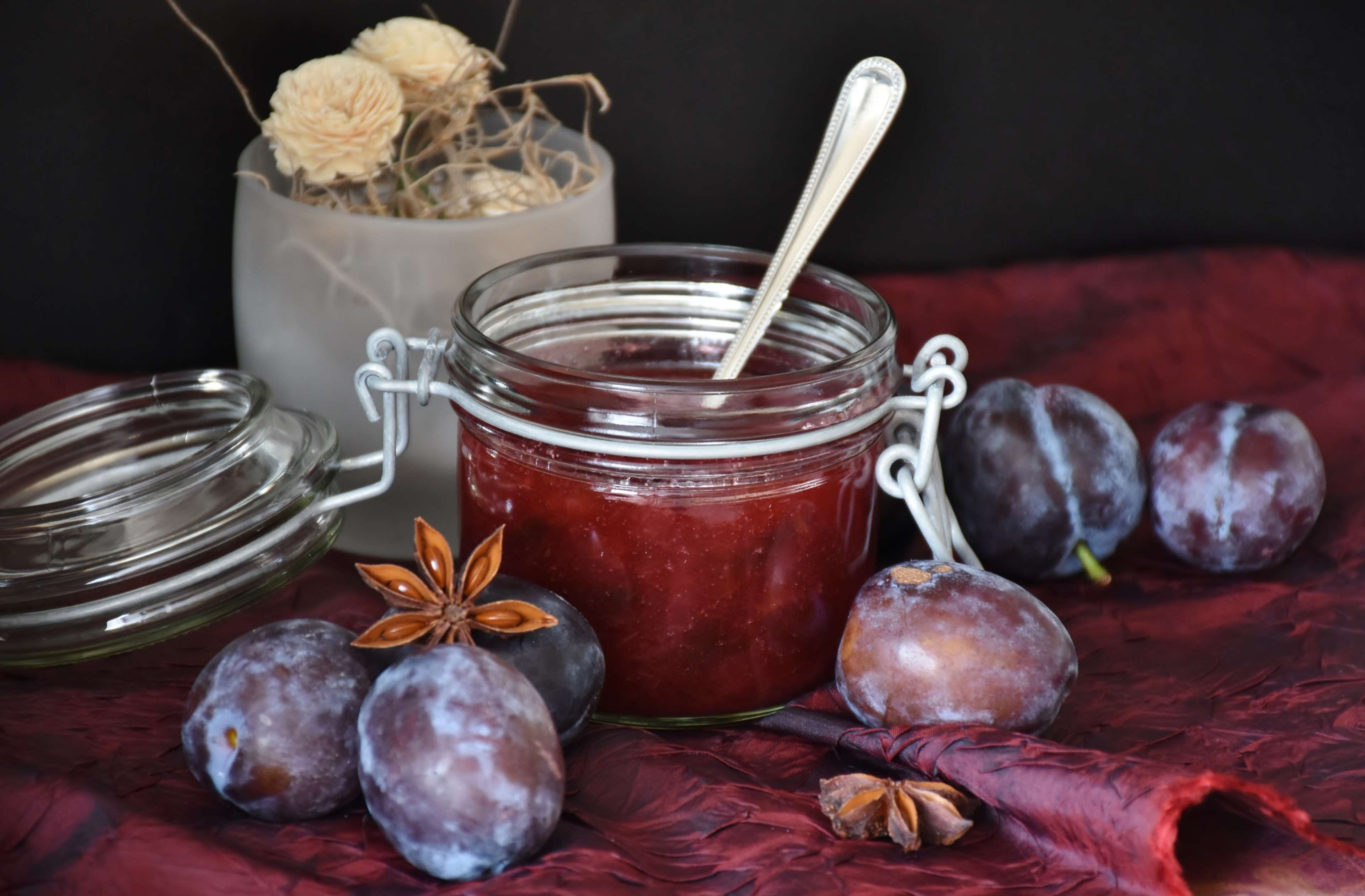 anise, aniseed, delicious, eat, food, fresh, fruit, glass, homemade, jam, jar, jelly, plums, still life, sugar, sweet, table, traditional, violet 4k wallpaper