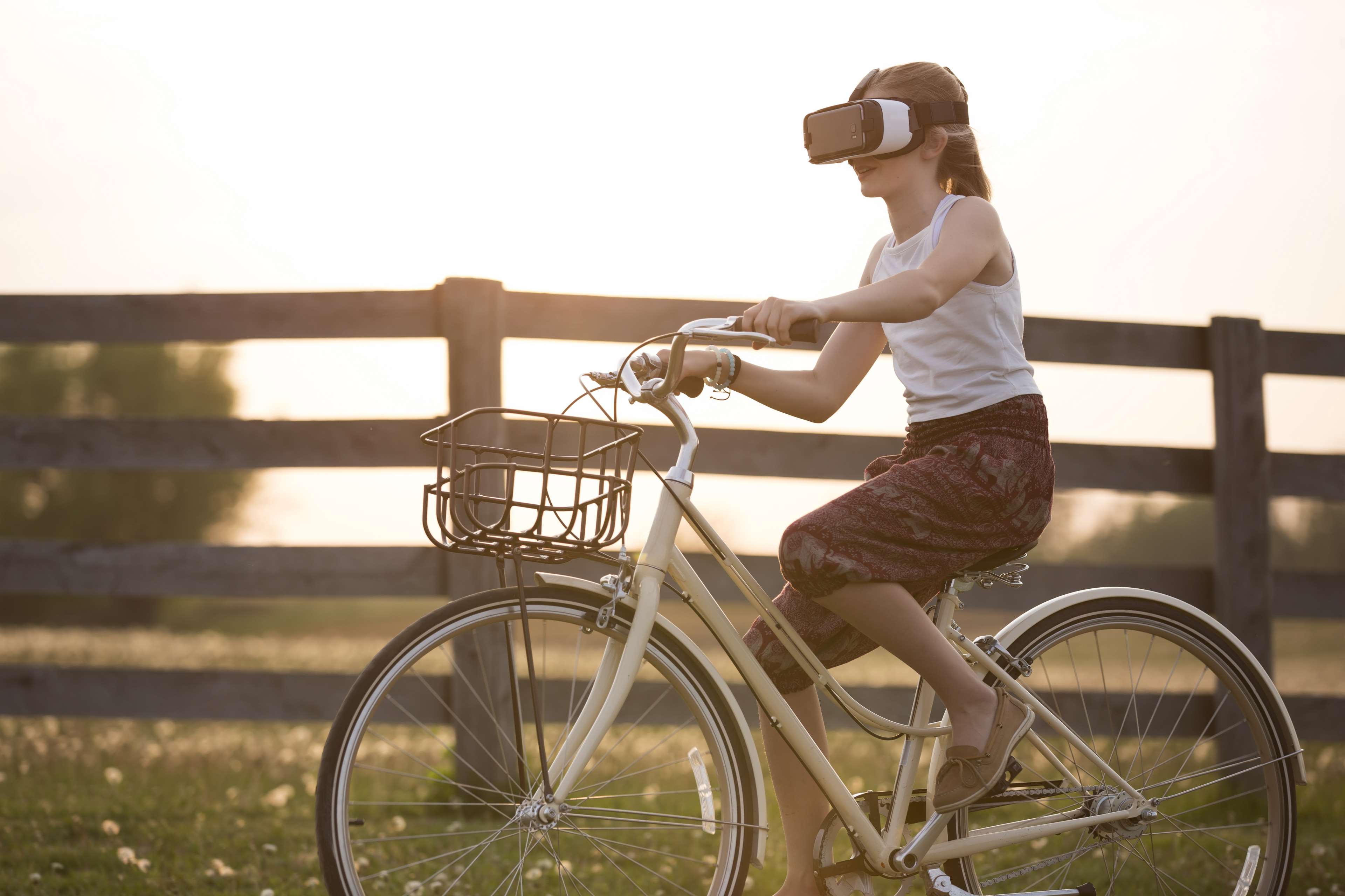 augmented reality, bicycle, bike, child, cyclist, fence, fun, girl, outdoors, person, virtual reality, virtual reality glasses, virtual reality goggles, virtual reality headset, vr, vr headset, royalty free imag 4k wallpaper