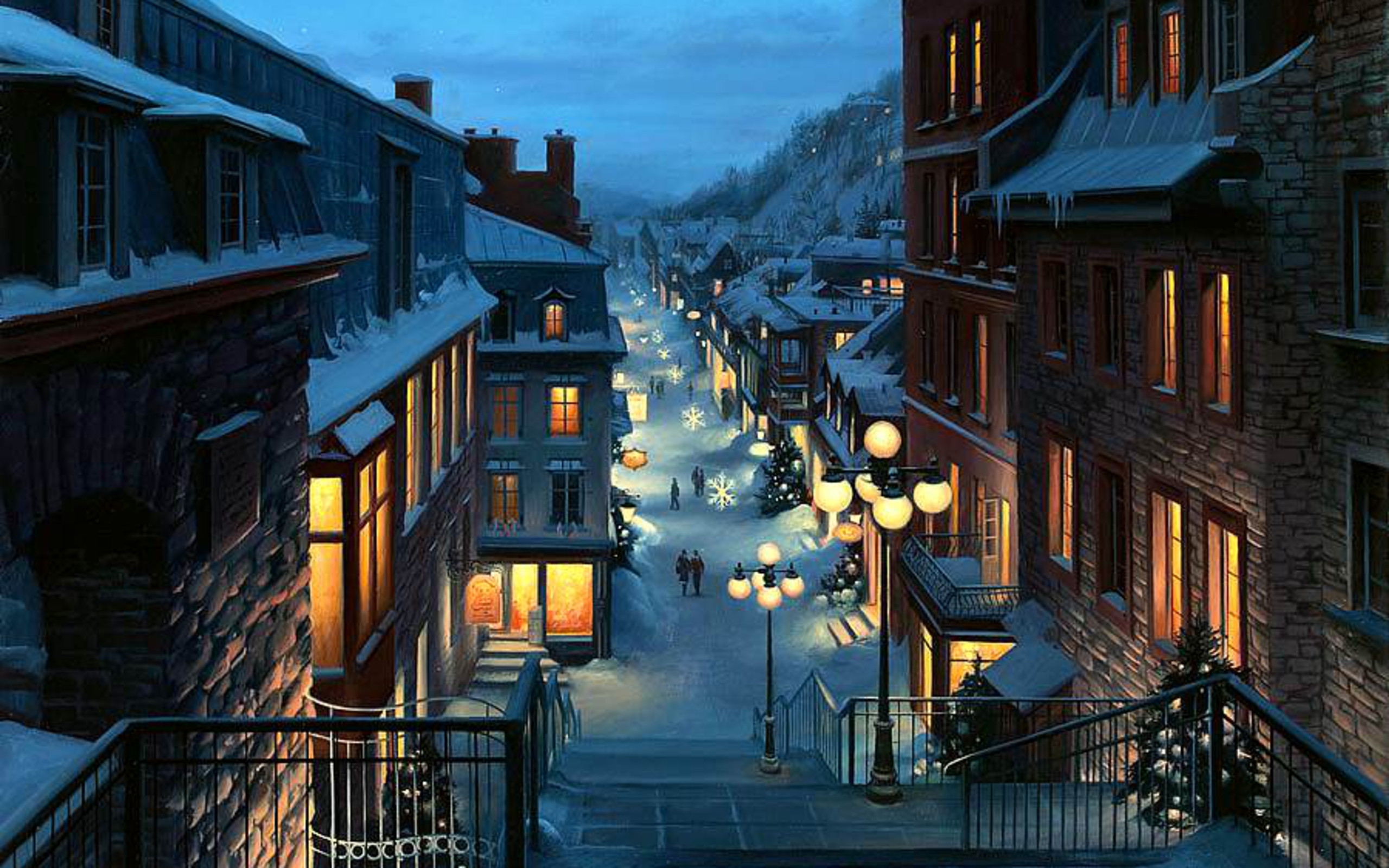 2560x1600 canada, christmas, city, landscape, lushpin, night, painting, province, quebec