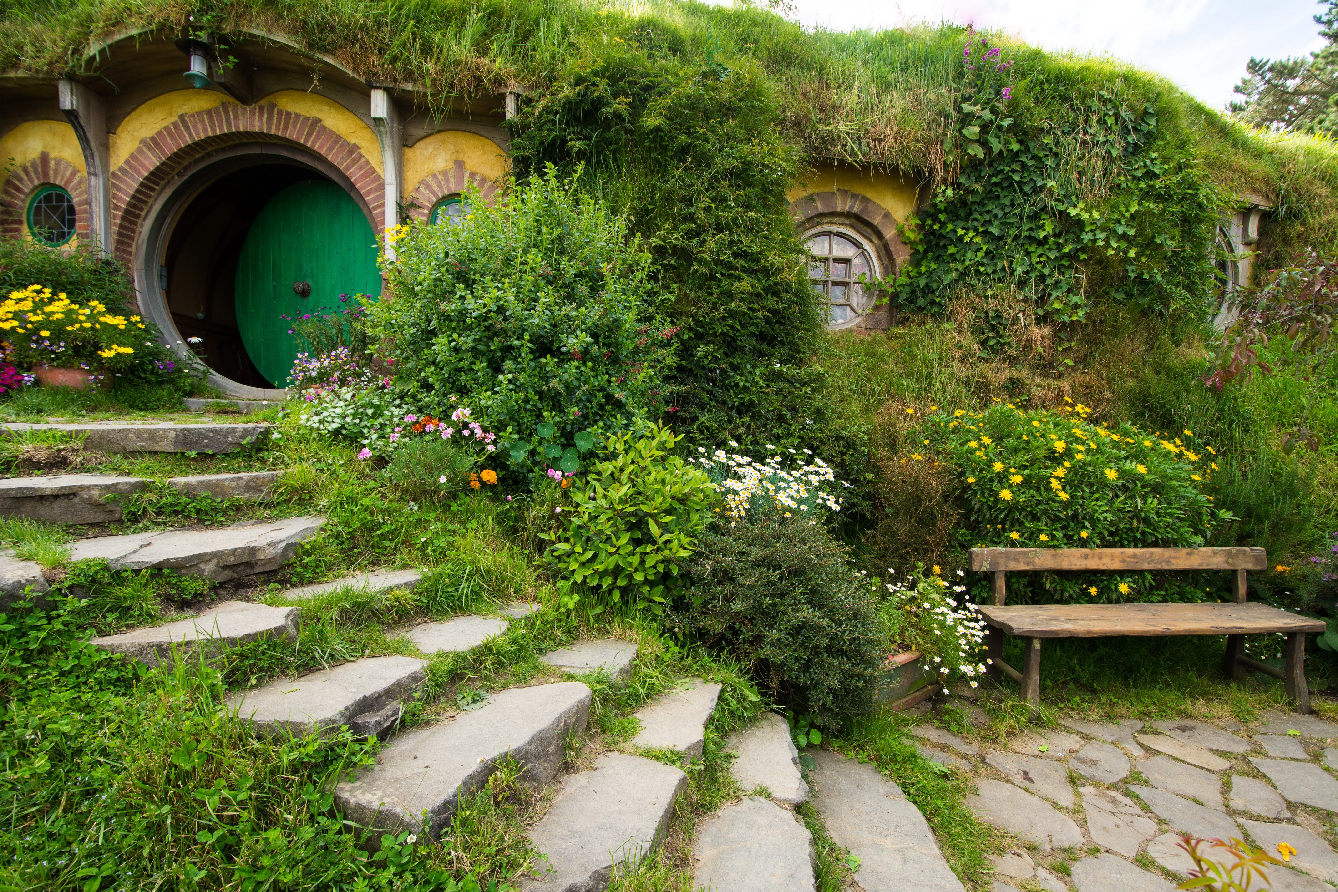5616x3744 bench, hobbiton, matamata, nature, new, park, parks, shrubs, stairs, zealand