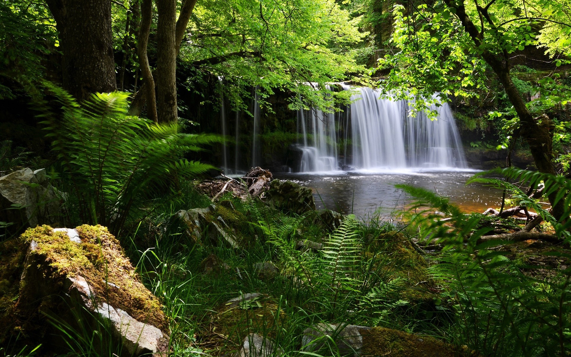 Waterfall, Grass, Nature, Shadow wallpaper
