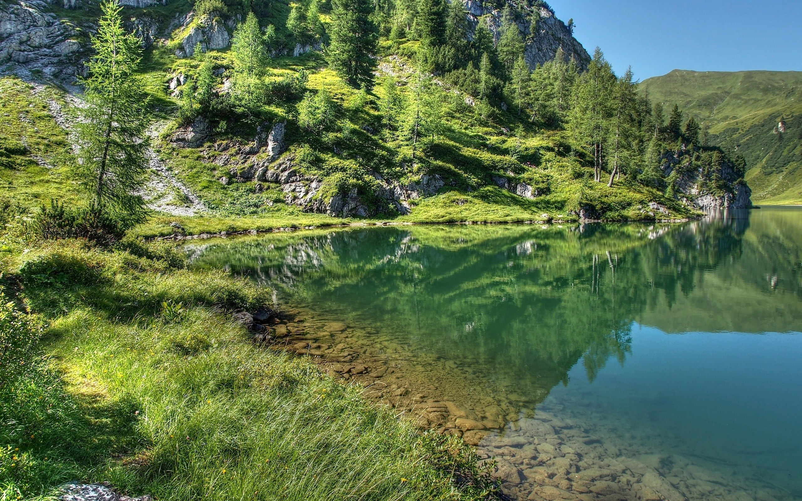 Mountains, Grass, Sky, Lake wallpaper