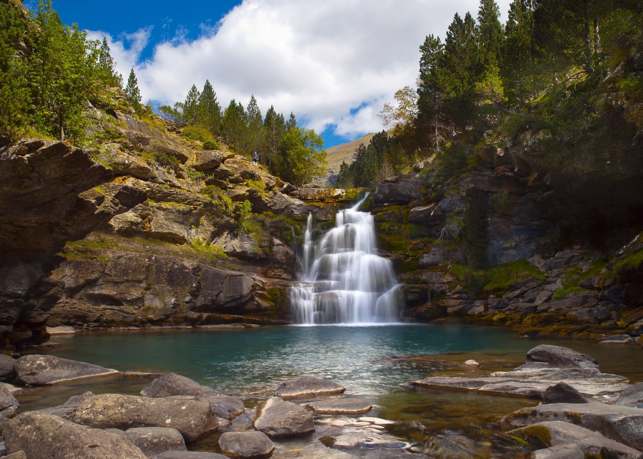 Spain, Aragon, Falls, Stones, Clearly, Clouds, Sky, Moss, Wood wallpaper