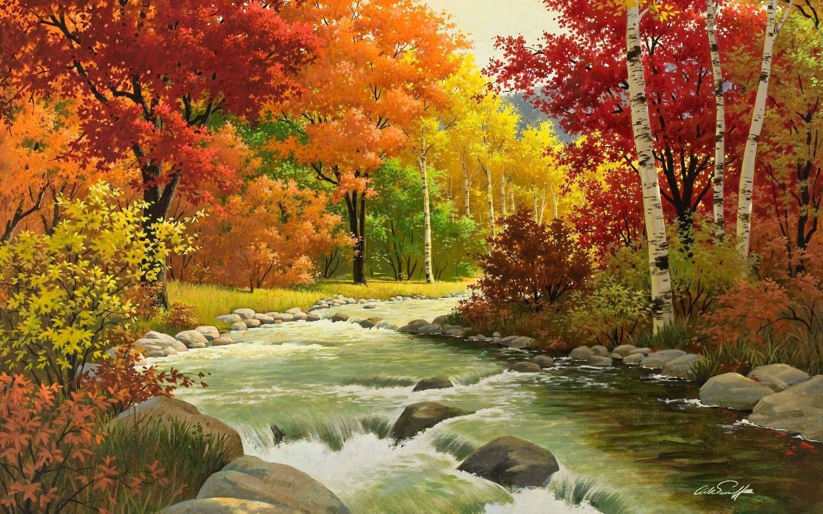1680x1050 Autumn, Landscape, Painting, River, Wood wallpaper JPG 