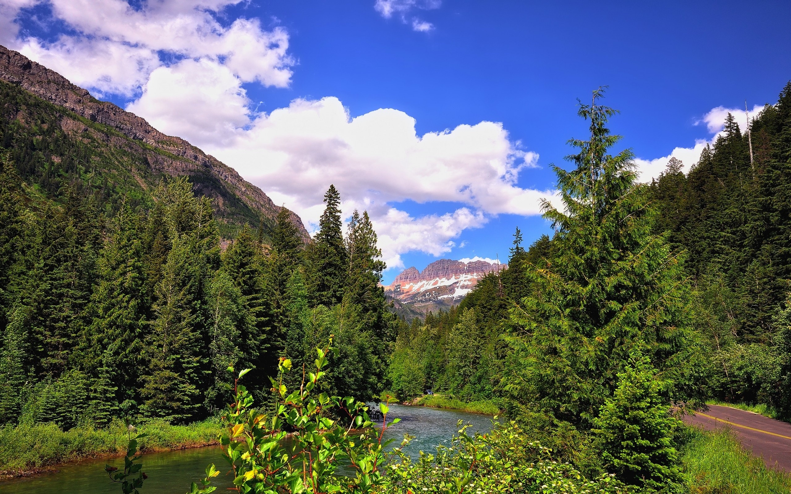 Mountain, River, Grass, Trees wallpaper