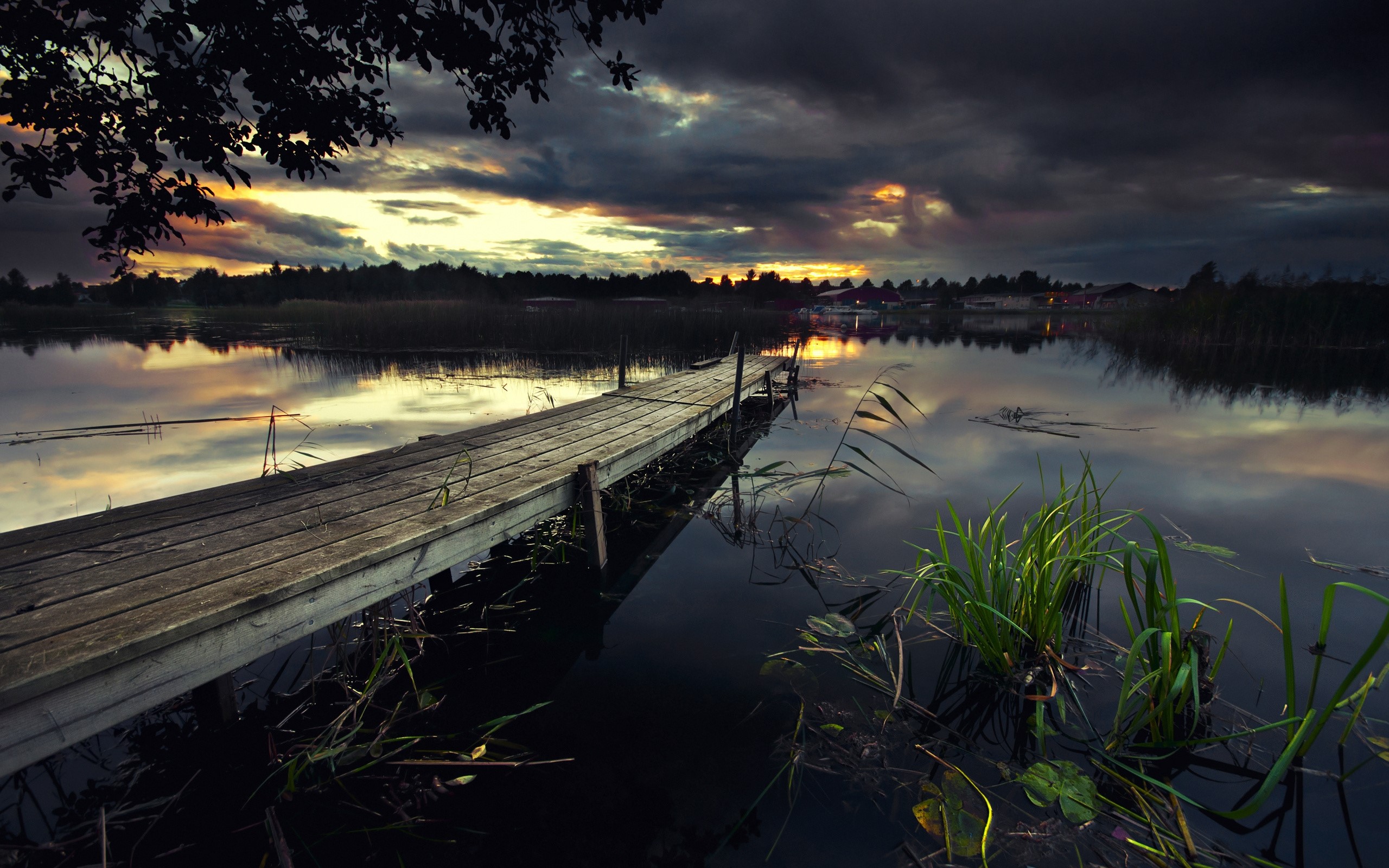 Pier, Wooden, Evening, Twilight, Lake, Vegetation, Water, Sky, Clouds, Blackness wallpaper