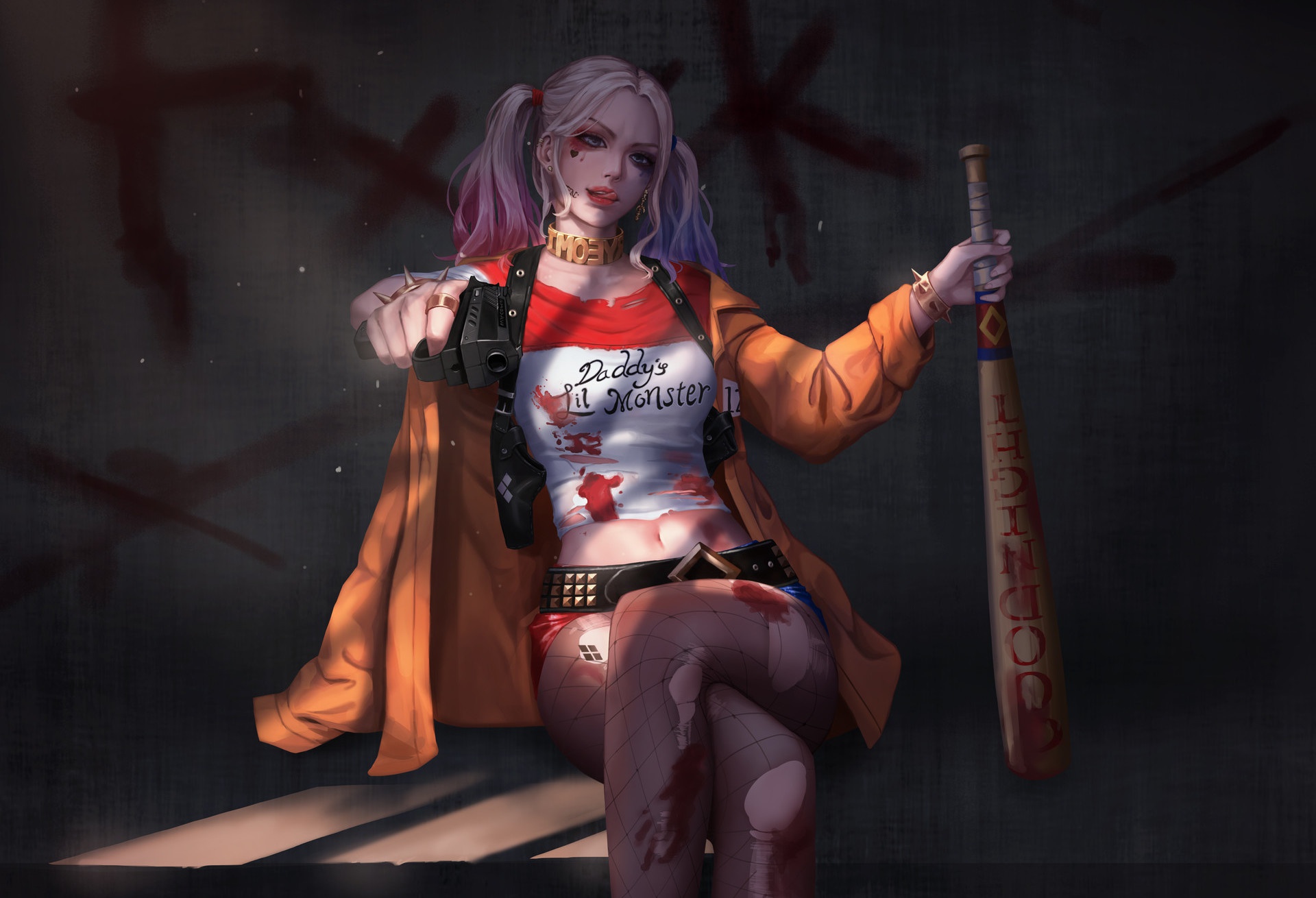 Gun, Harley Quinn, Baseball Bat, Twintails, Blue Eyes, DC Comics wallpaper