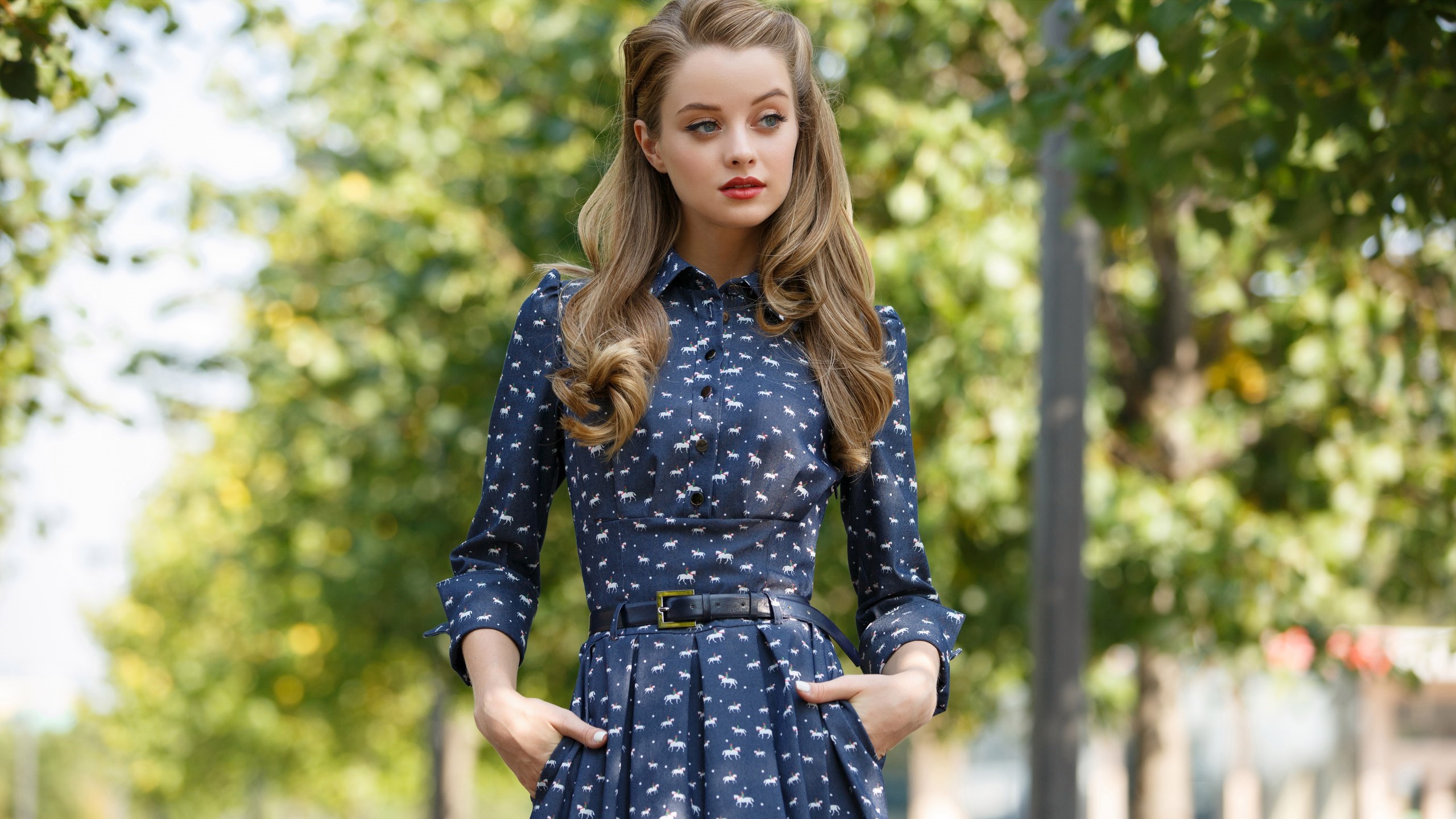 Model Lipstick Blue Dress Woman Blue Eyes Blonde Depth Of Field