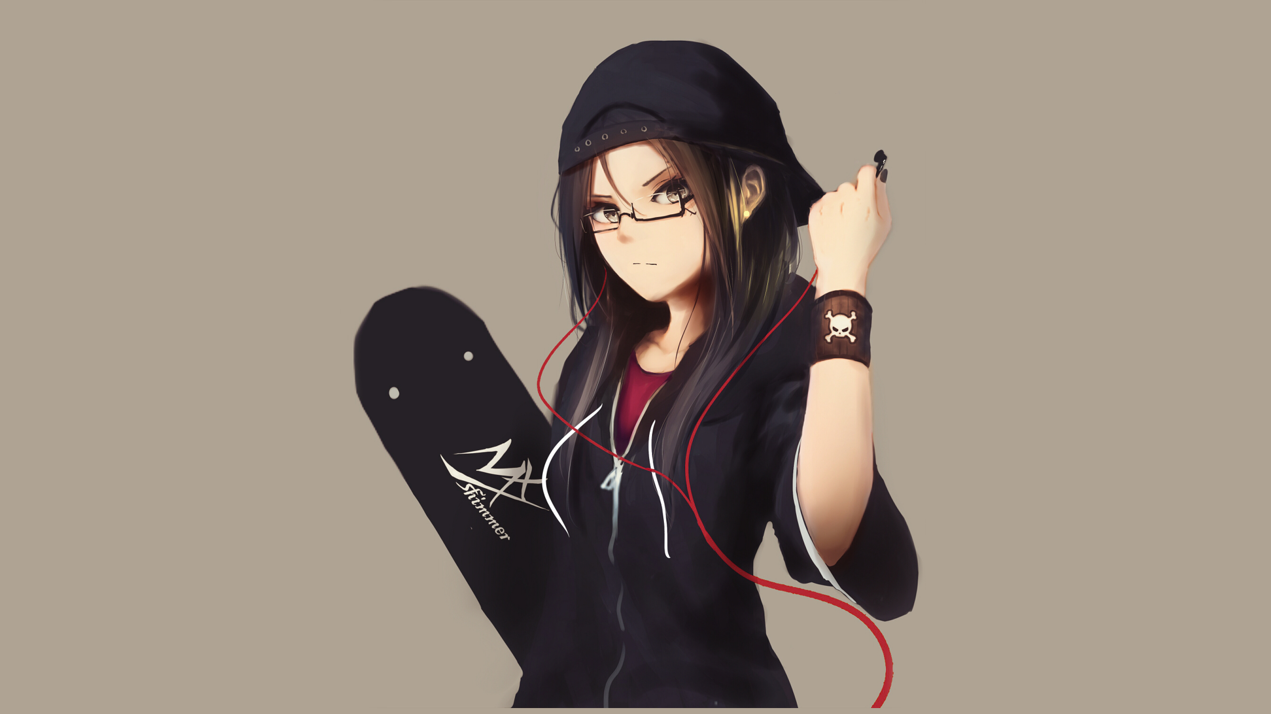 Skateboard, Earbuds, Anime, Brown Eyes, Cap, Girl, Original (Anime), Black Hair, Glasses wallpaper