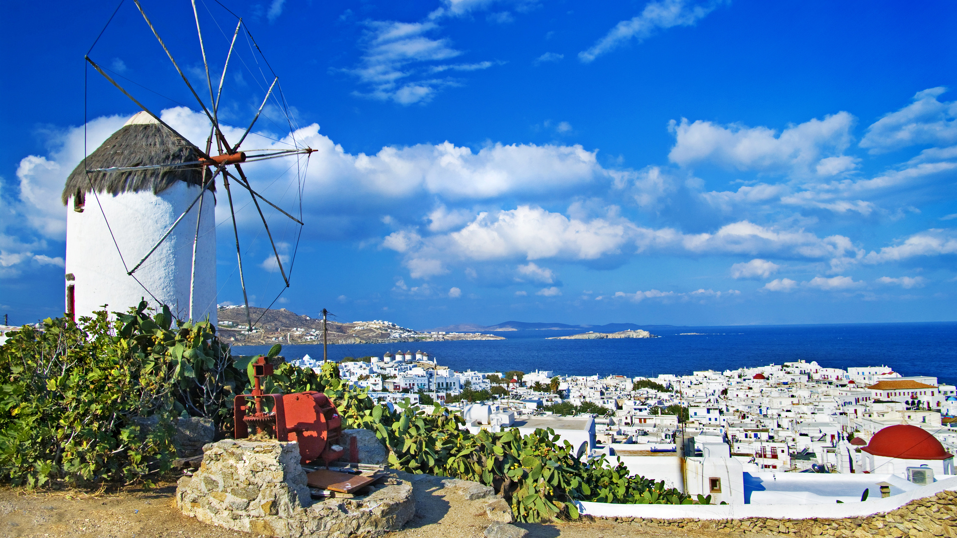 1920x1080 sea, landscape, houses, clouds, sky, greece, nature