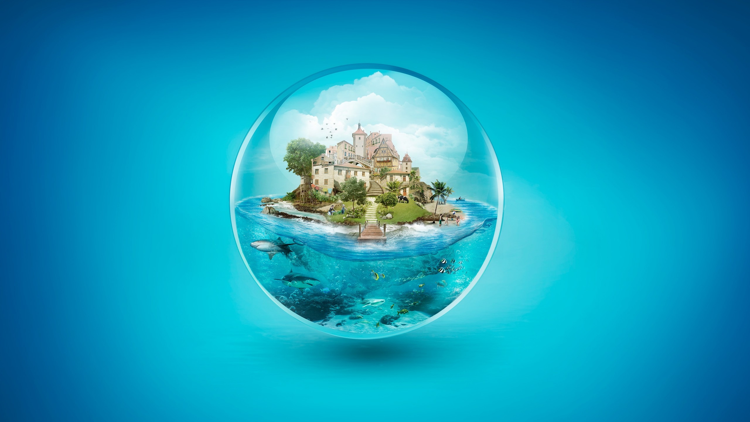 cow, house, luminos, fish, creative, sea, fantasy, water, people, summer, island, blue