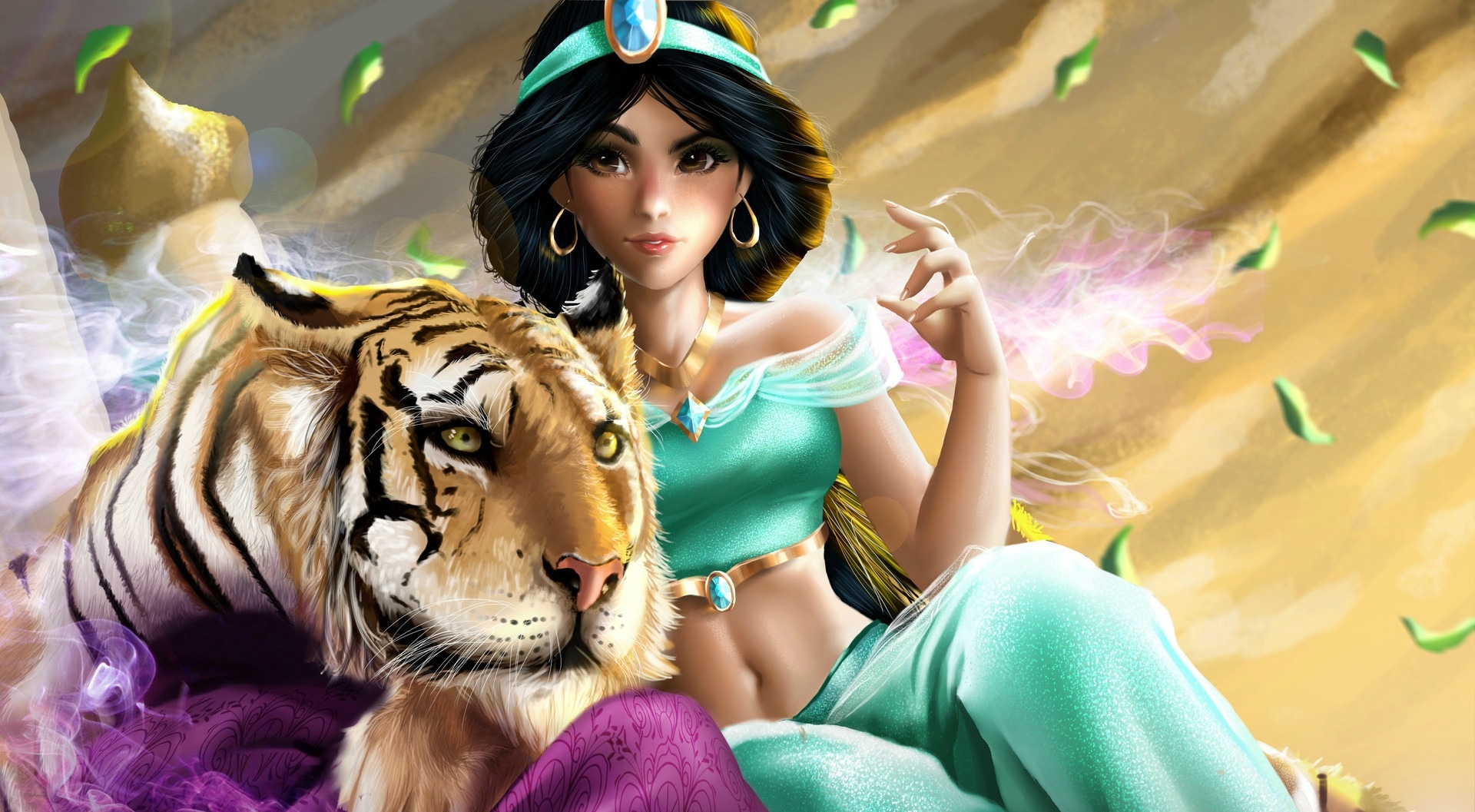 fanart, luminos, rajah, tiger, jasmine, fantasy, girl, ingrid brasil, princess, pink, disney, blue