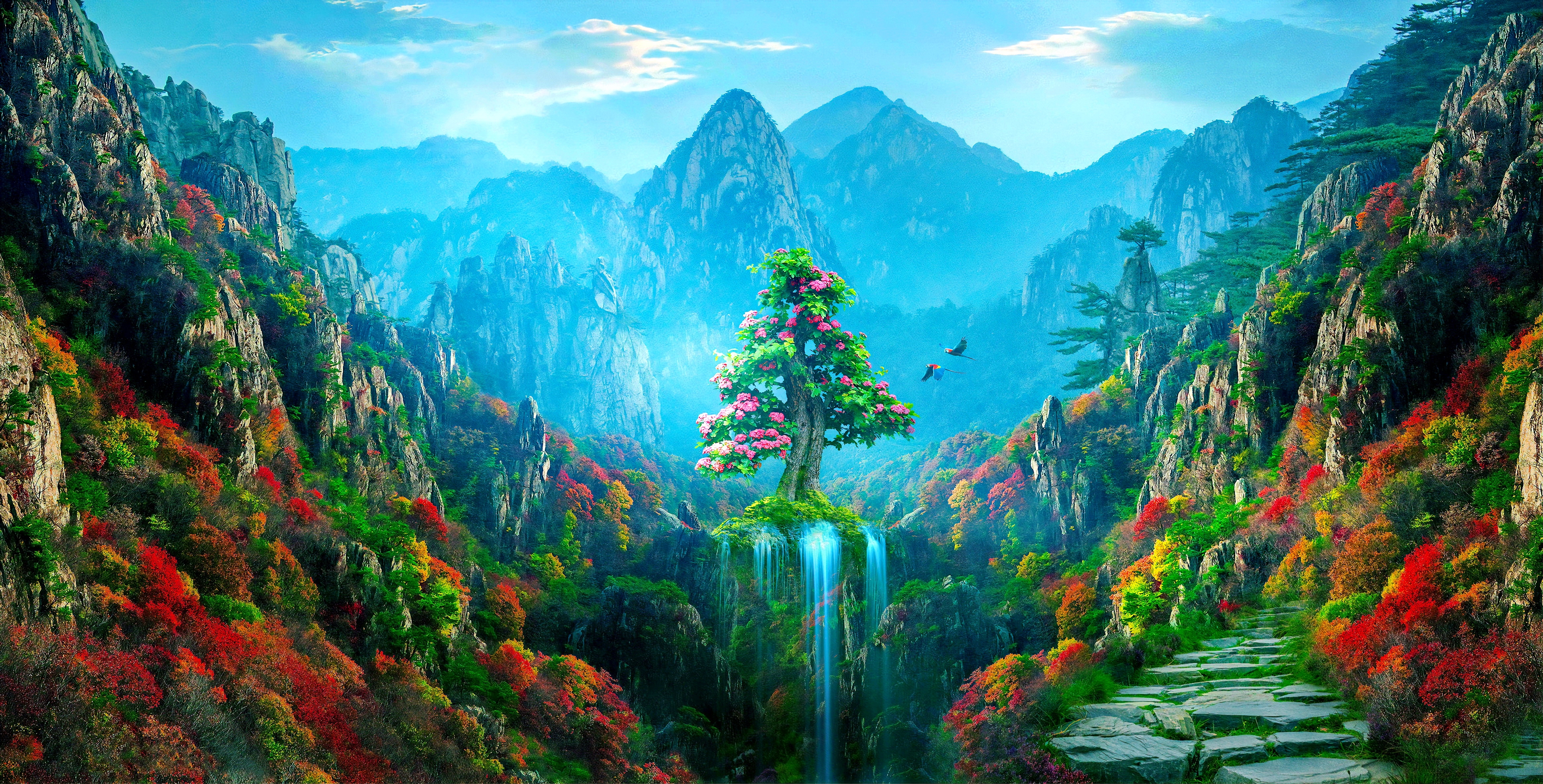 beautiful, spring, forest, art, colorful, fall, autumn, mountain, fantasy, waterfall, majestic