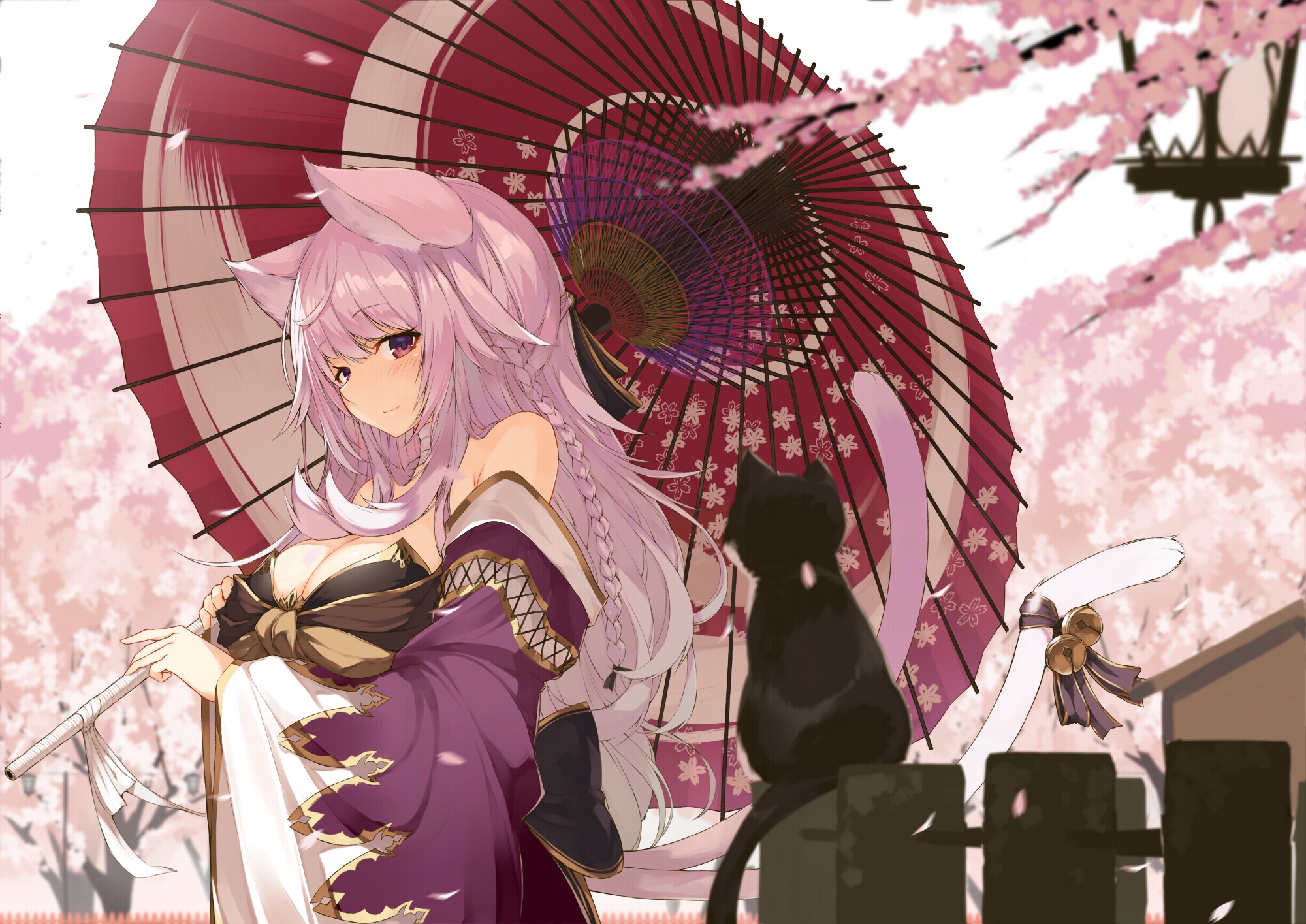 catgirl, sakura, umbrella, manga, black, spring, girl, anime, pink, pisica, yuui hutabakirage