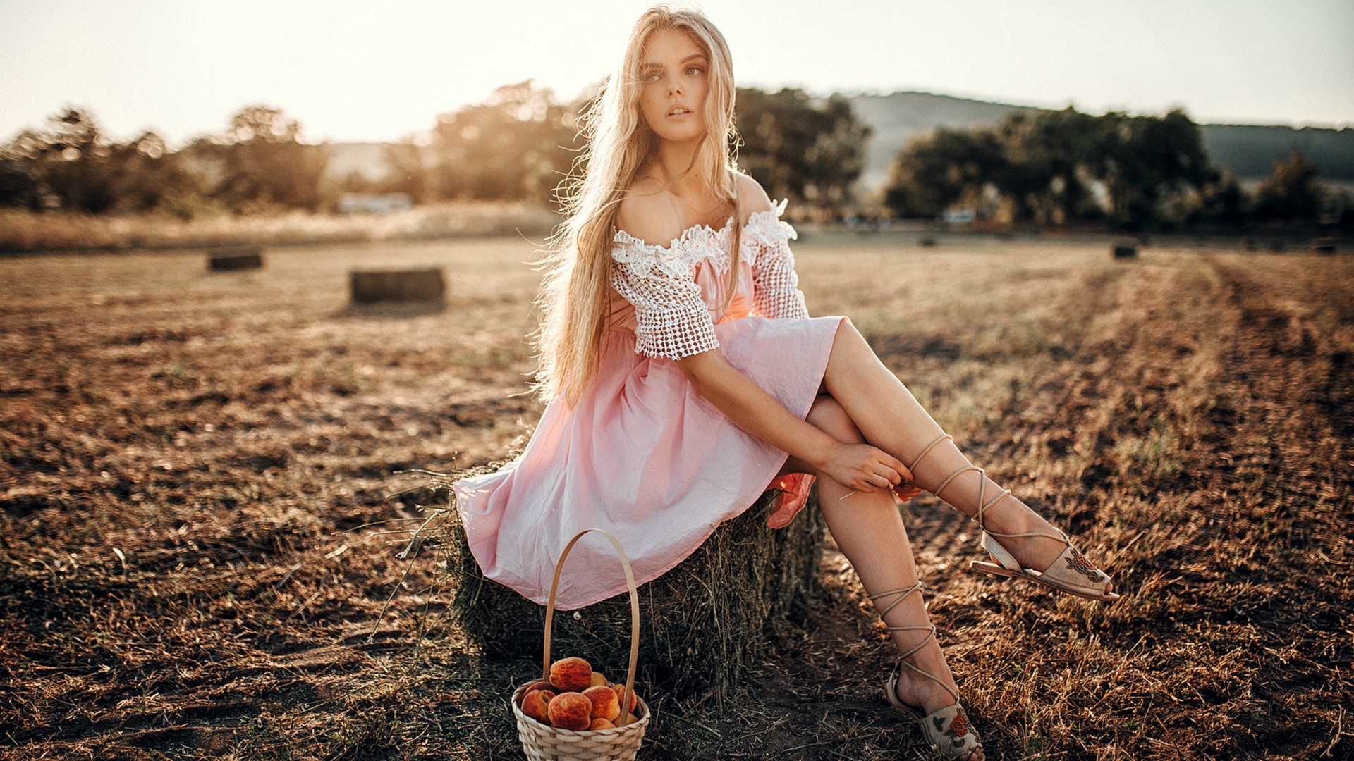dress, model, apples, blonde, field